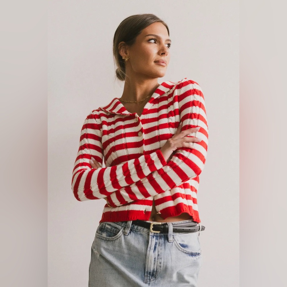 EUC Bohme Red and White Striped Cable Knit Sweeter Cardigan Blakley